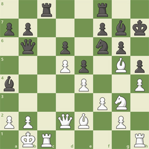 2r2r2/pp3pbk/1q1p1np1/3Pp1Bp/b3P2P/5PN1/PP1QB1P1/1KR4R w - - 2 19