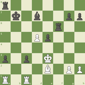 r7/1k1b2pp/5r2/3Pp3/8/p1p1K3/4B1PP/R1R5 b - - 0 1