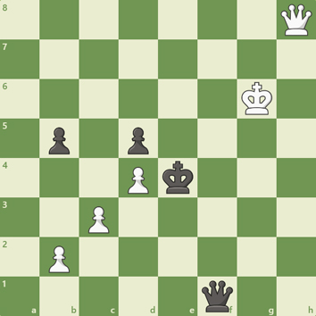 7Q/8/6K1/1p1p4/3Pk3/2P5/1P6/5q2 b - - 0 58